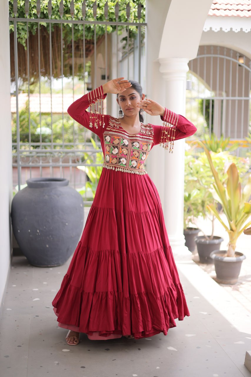 Reyon Kutchi Gamthi Embroidered Mirror Work Gown