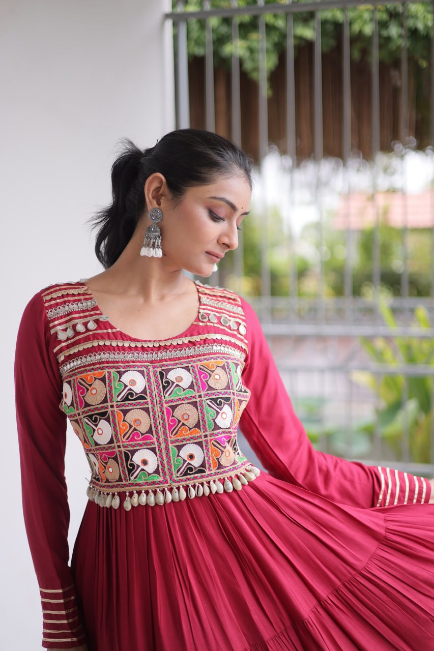 Reyon Kutchi Gamthi Embroidered Mirror Work Gown