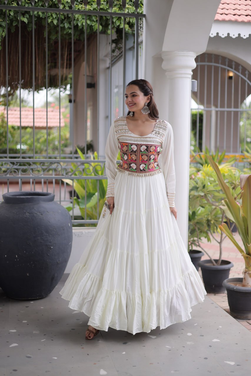 Reyon Kutchi Gamthi Embroidered Mirror Work Gown