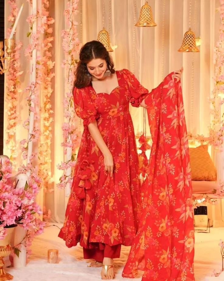 Red Exclusive Digital Printed Anarkali Suit – Elegance Meets Modern Flair