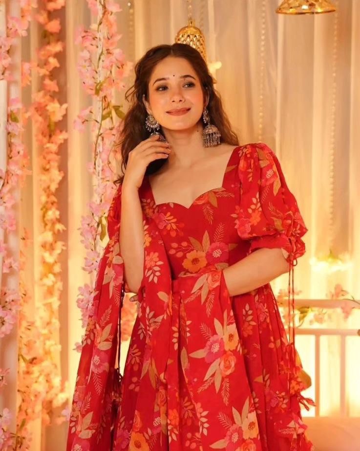 Red Exclusive Digital Printed Anarkali Suit – Elegance Meets Modern Flair