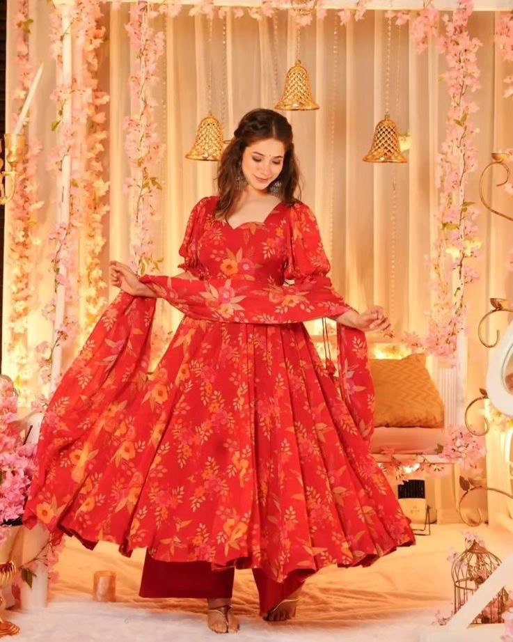 Red Exclusive Digital Printed Anarkali Suit – Elegance Meets Modern Flair