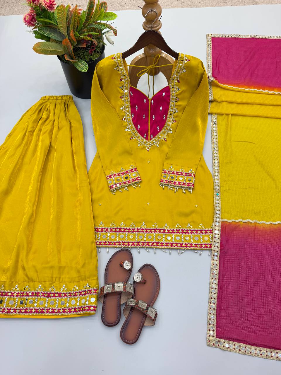 Roman Glass Mirror Work Top Palazzo Set | Kota Checks Dupatta | VrindaaLuxe