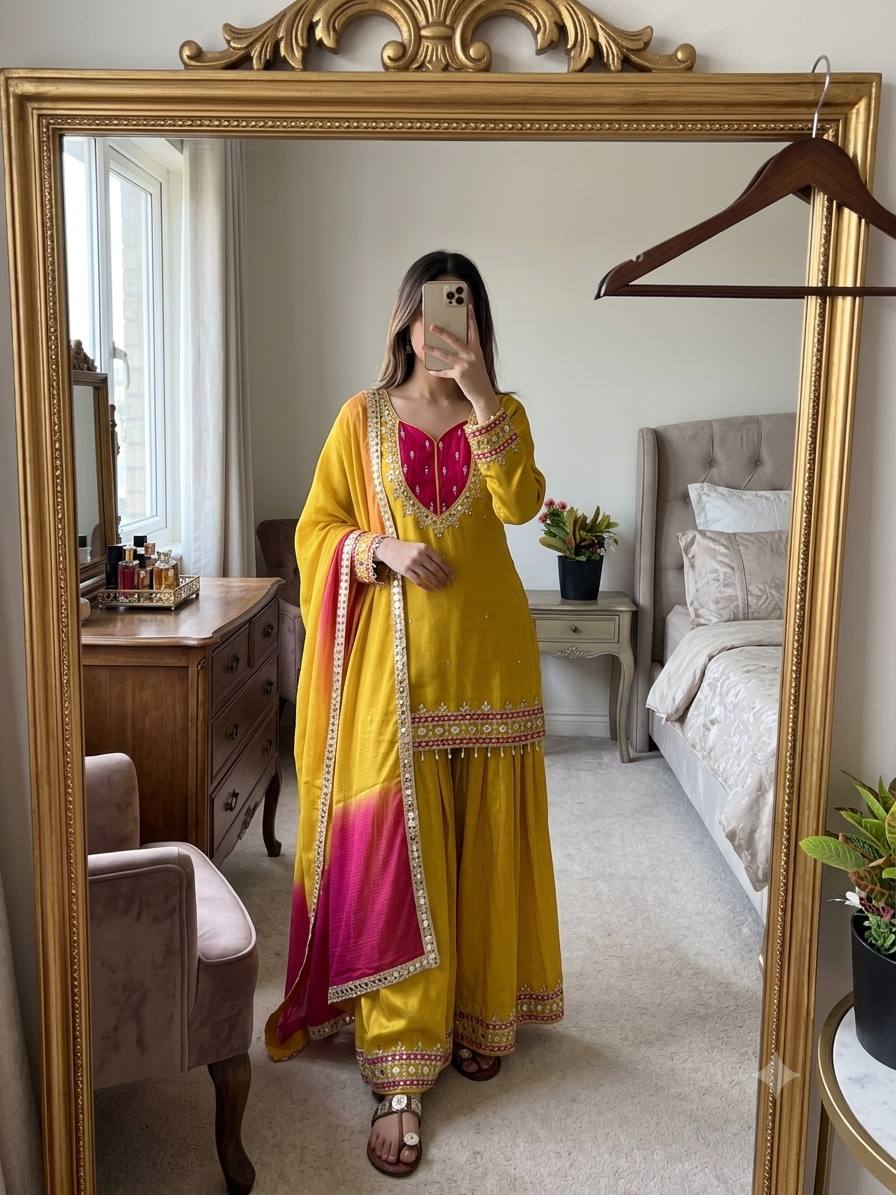 Roman Glass Mirror Work Top Palazzo Set | Kota Checks Dupatta | VrindaaLuxe