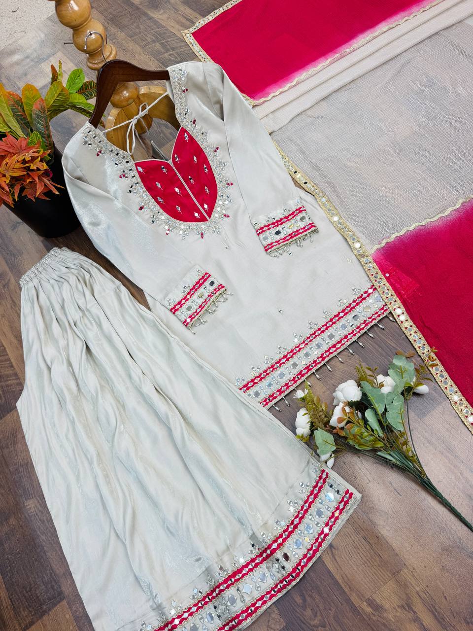 Roman Glass Mirror Work Top Palazzo Set | Kota Checks Dupatta | VrindaaLuxe