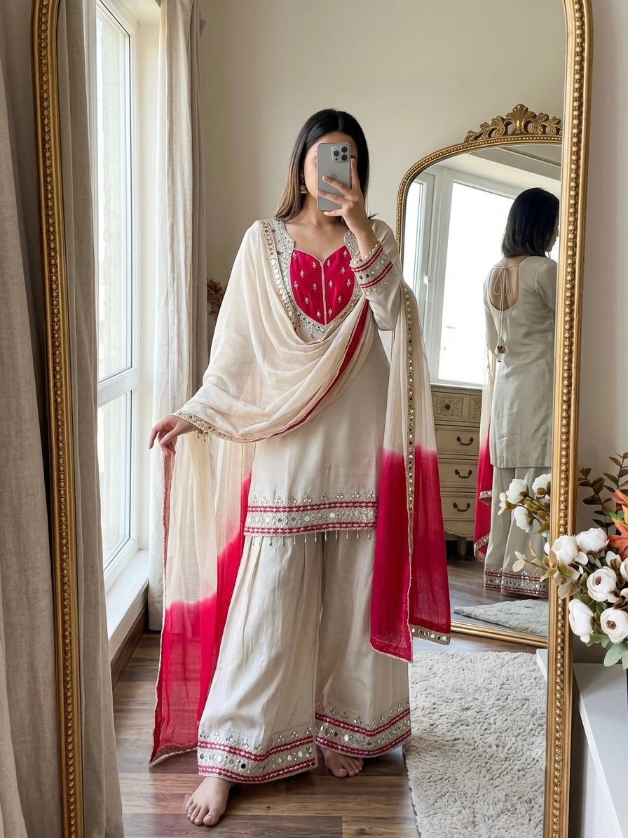 Roman Glass Mirror Work Top Palazzo Set | Kota Checks Dupatta | VrindaaLuxe