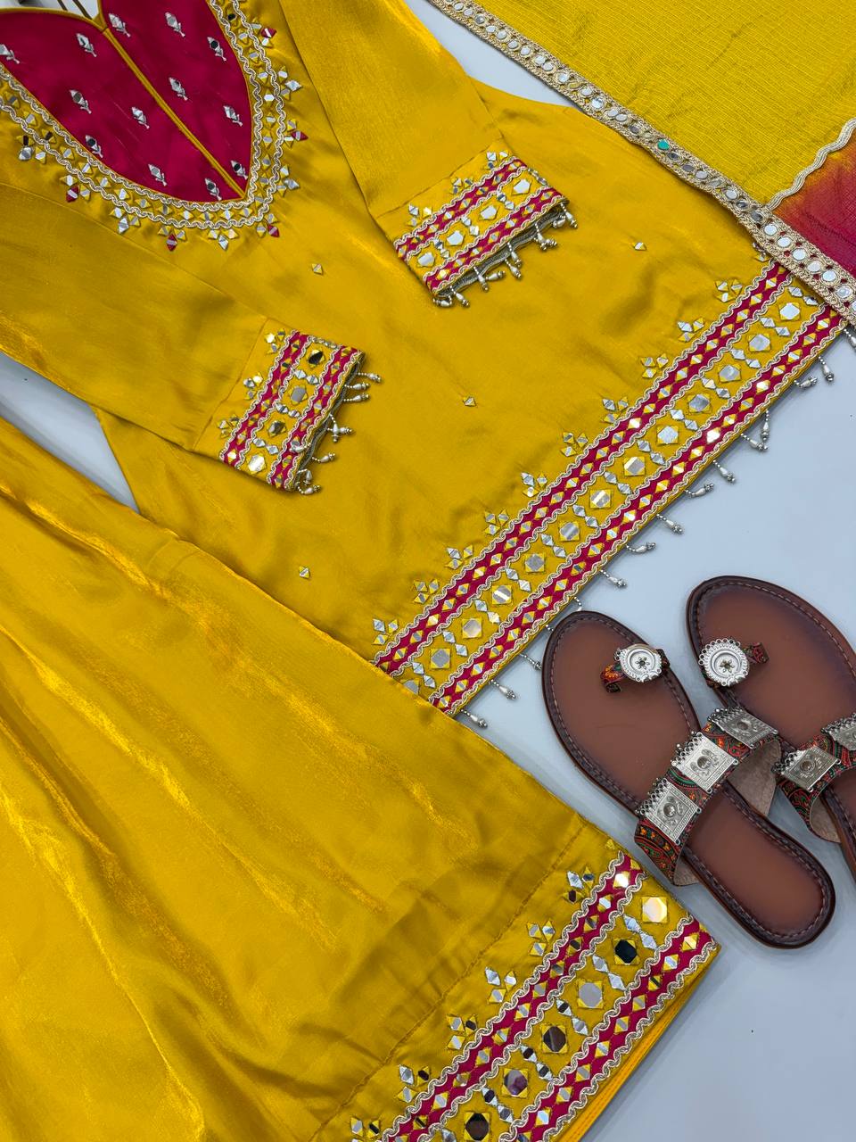 Roman Glass Mirror Work Top Palazzo Set | Kota Checks Dupatta | VrindaaLuxe