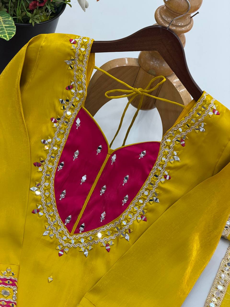 Roman Glass Mirror Work Top Palazzo Set | Kota Checks Dupatta | VrindaaLuxe