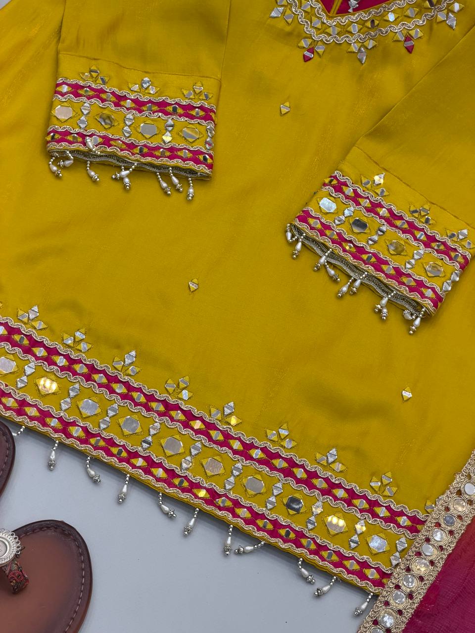 Roman Glass Mirror Work Top Palazzo Set | Kota Checks Dupatta | VrindaaLuxe