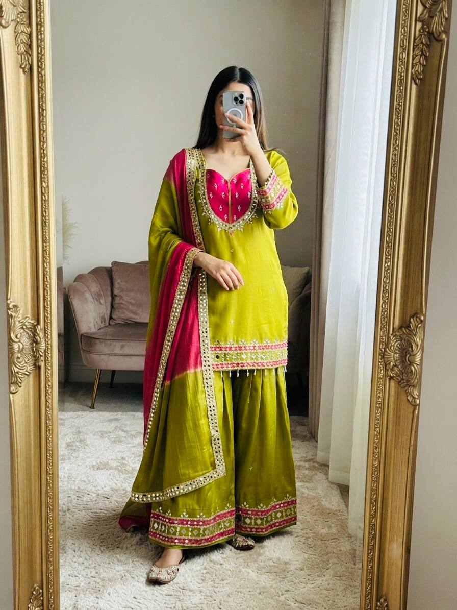 Roman Glass Mirror Work Top Palazzo Set | Kota Checks Dupatta | VrindaaLuxe
