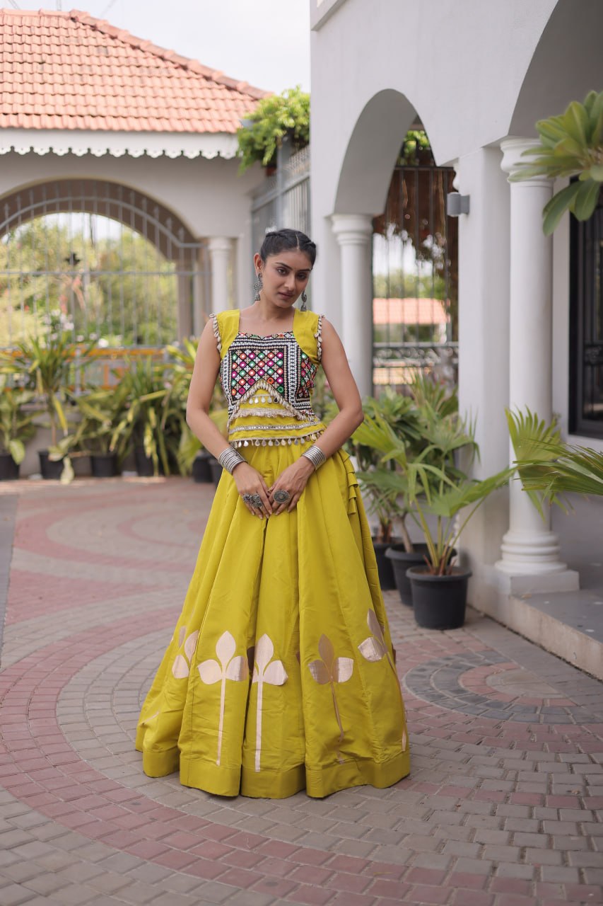 Roman Silk Pan Patti Gota Work Lehenga Set