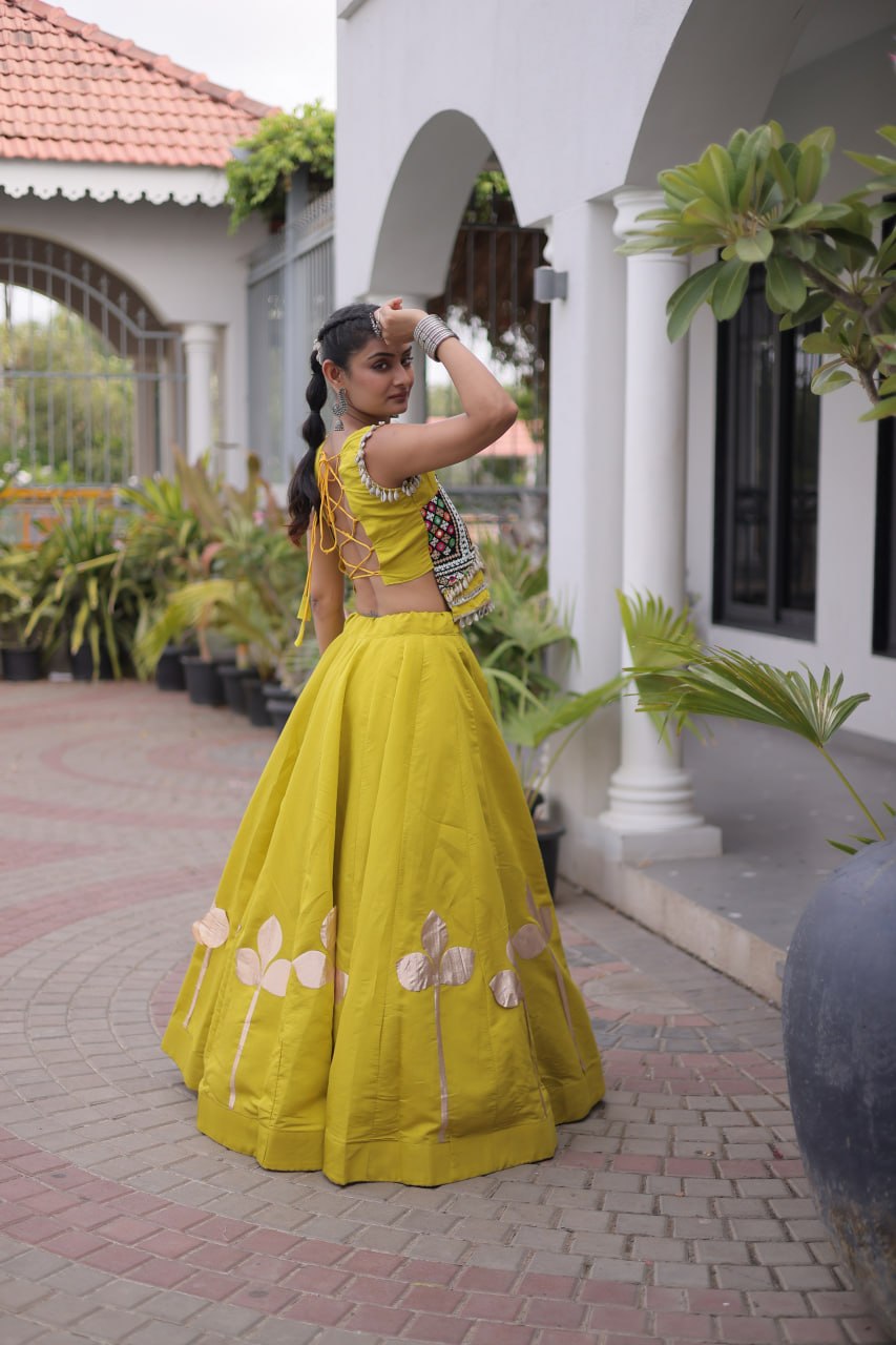 Roman Silk Pan Patti Gota Work Lehenga Set