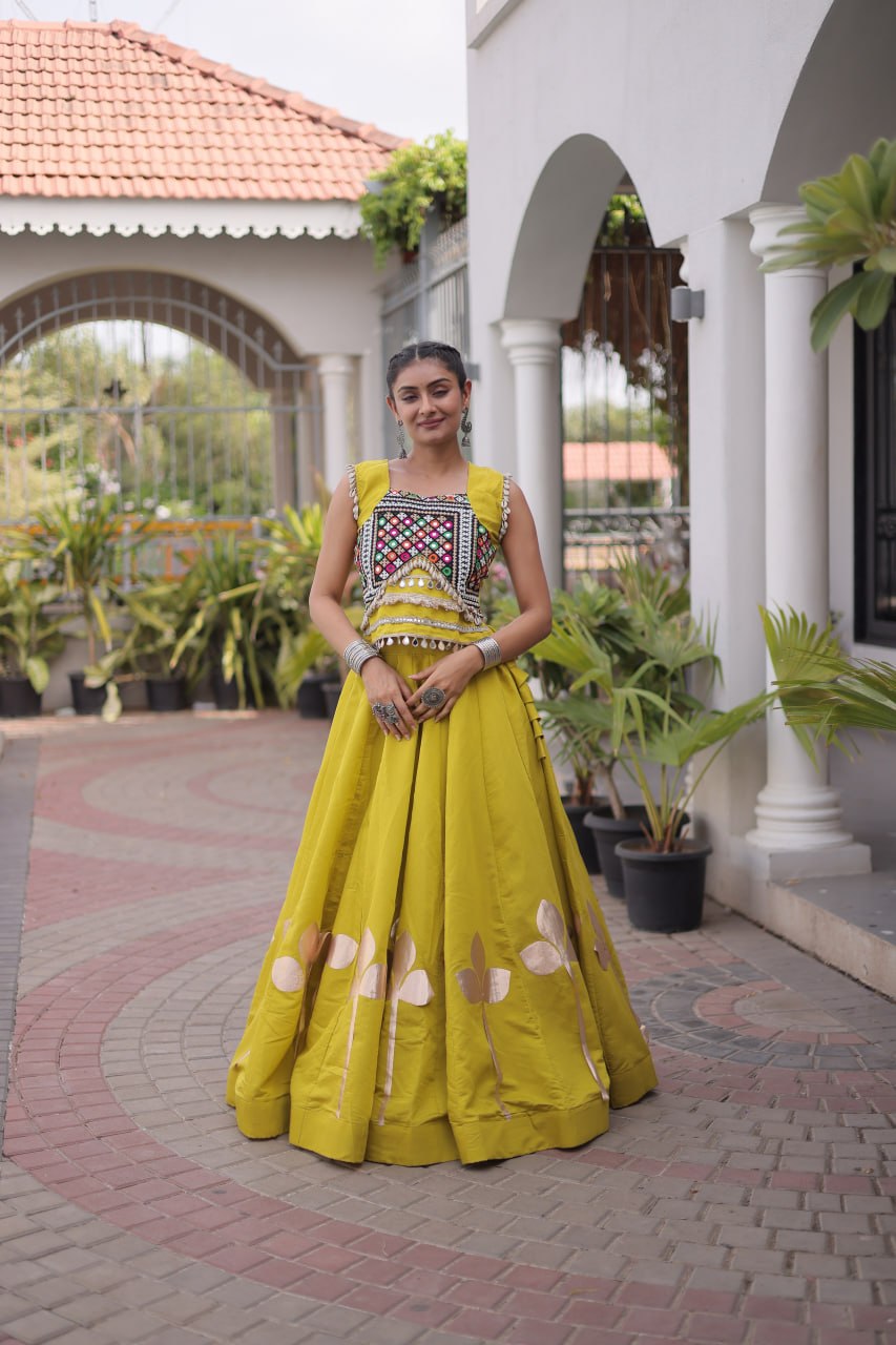 Roman Silk Pan Patti Gota Work Lehenga Set