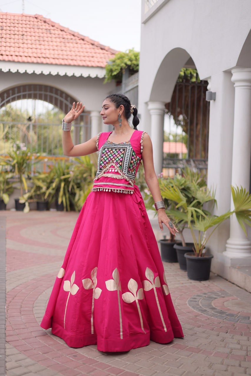 Roman Silk Pan Patti Gota Work Lehenga Set