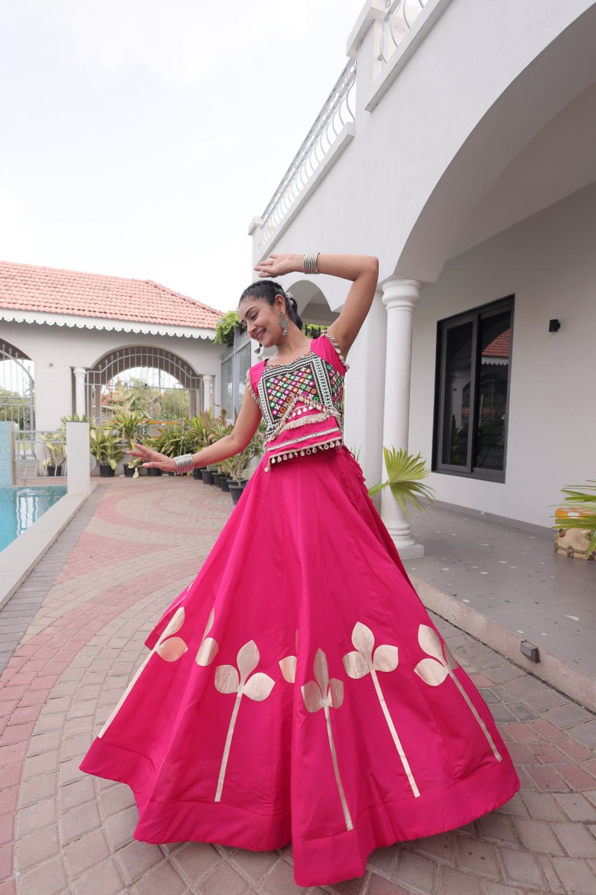 Roman Silk Pan Patti Gota Work Lehenga Set