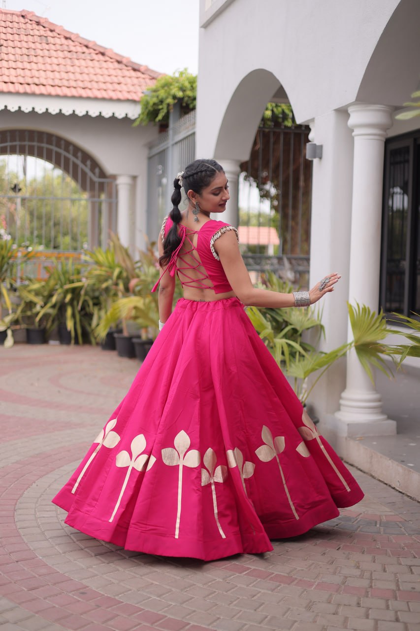 Roman Silk Pan Patti Gota Work Lehenga Set