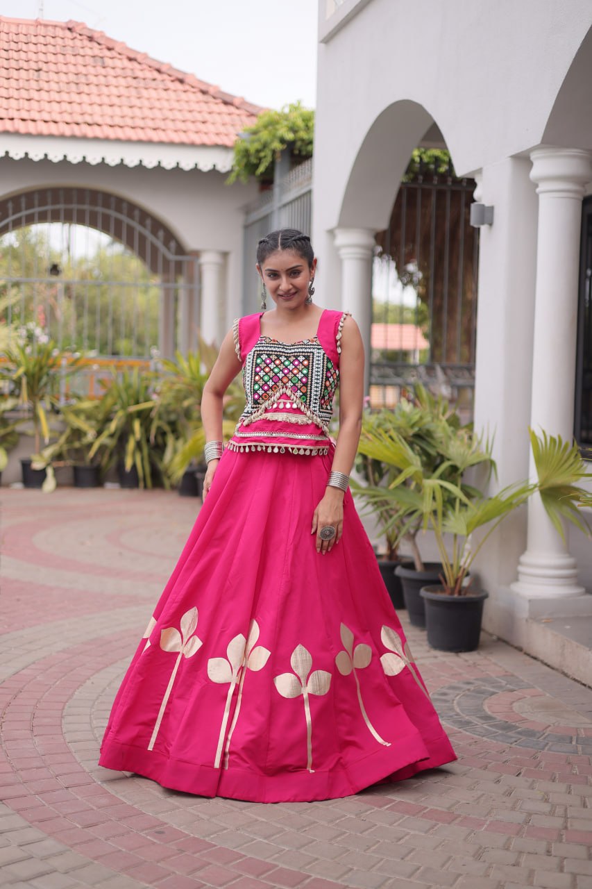 Roman Silk Pan Patti Gota Work Lehenga Set