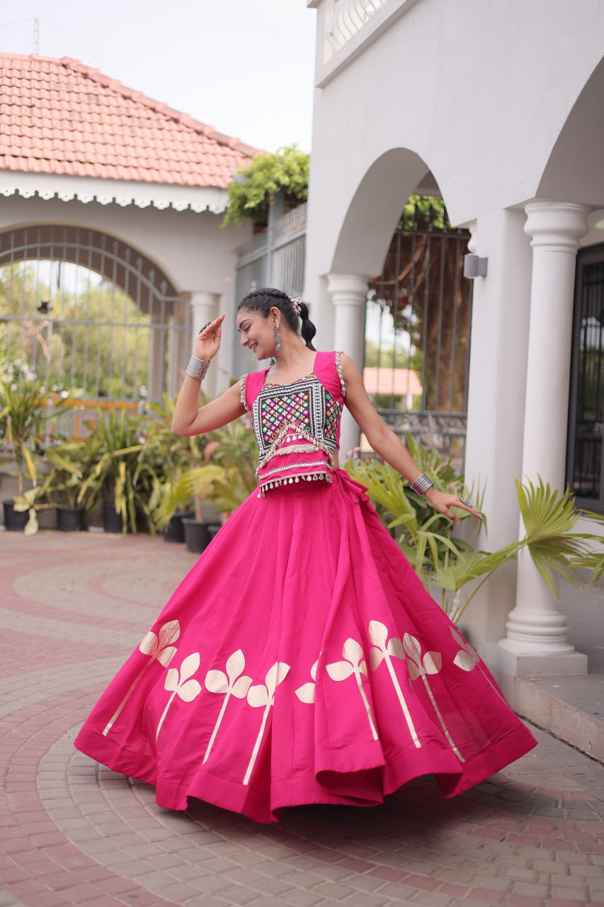 Roman Silk Pan Patti Gota Work Lehenga Set
