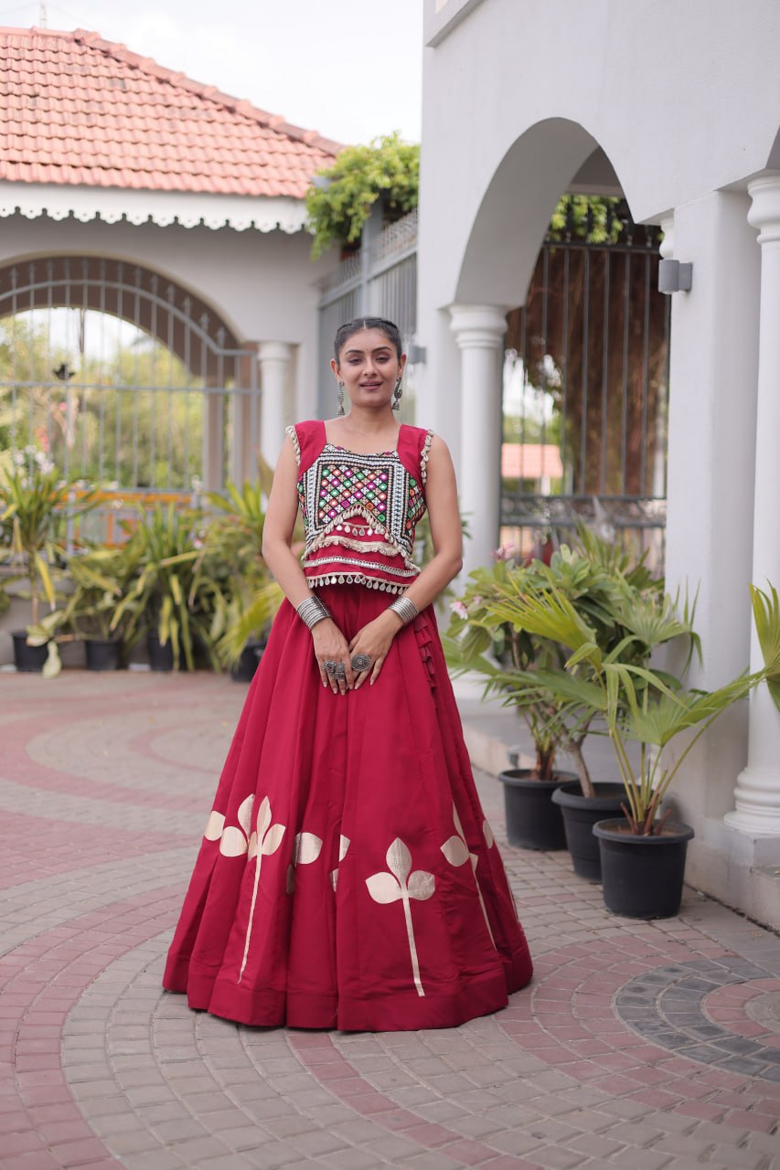Roman Silk Pan Patti Gota Work Lehenga Set