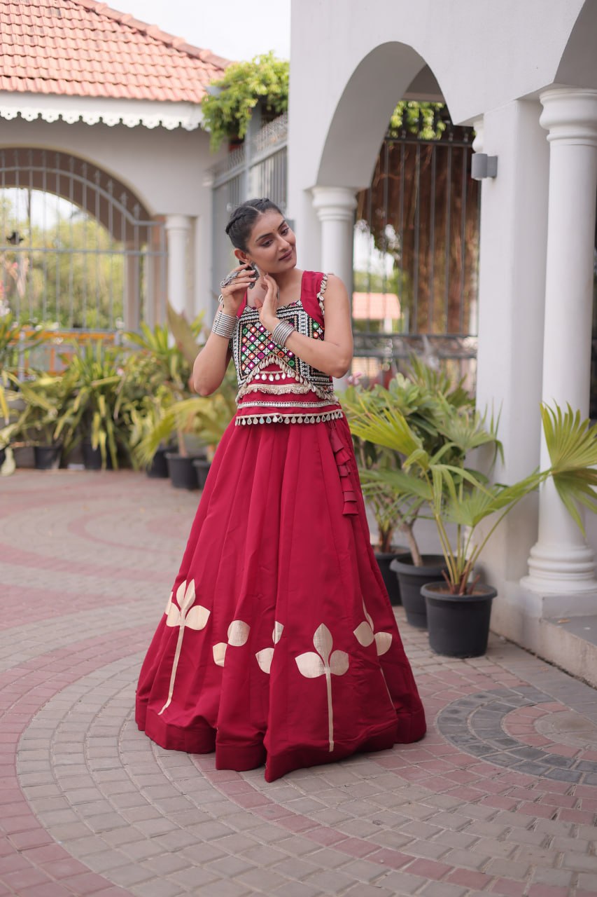 Roman Silk Pan Patti Gota Work Lehenga Set