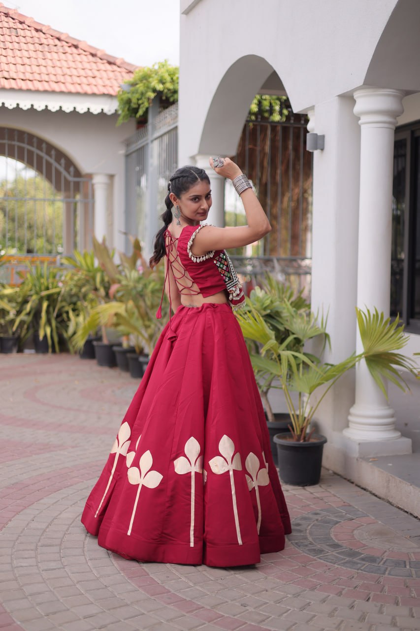 Roman Silk Pan Patti Gota Work Lehenga Set