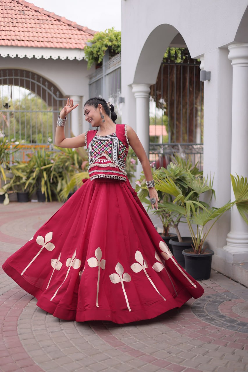 Roman Silk Pan Patti Gota Work Lehenga Set