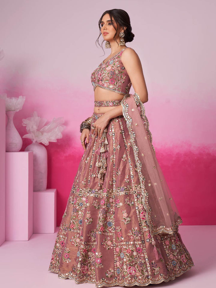 Rose Gold Bridel Net Moti, Sequins embroidery Semi-Stitched Bridel Lehenga choli & Dupatta