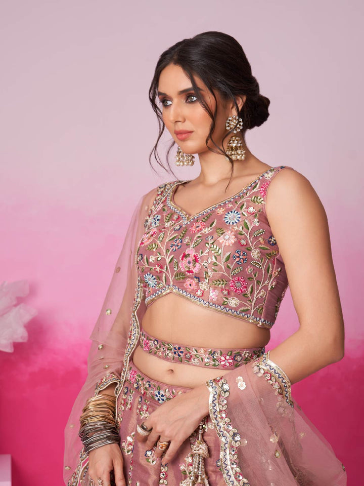 Rose Gold Bridel Net Moti, Sequins embroidery Semi-Stitched Bridel Lehenga choli & Dupatta