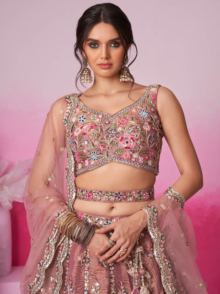 Rose Gold Bridel Net Moti, Sequins embroidery Semi-Stitched Bridel Lehenga choli & Dupatta
