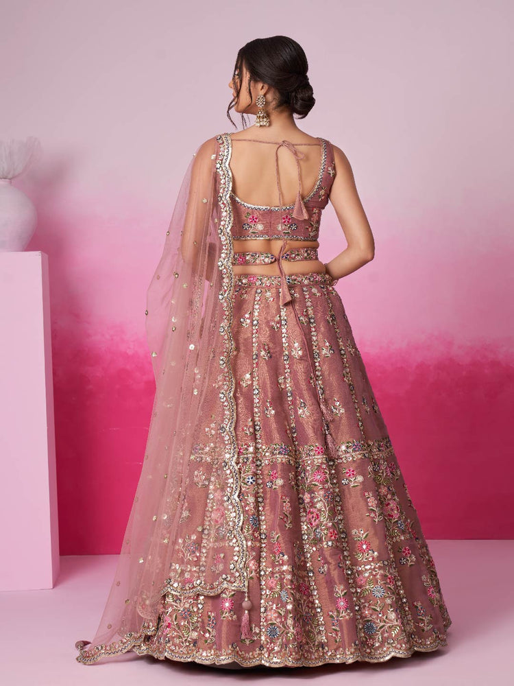 Rose Gold Bridel Net Moti, Sequins embroidery Semi-Stitched Bridel Lehenga choli & Dupatta