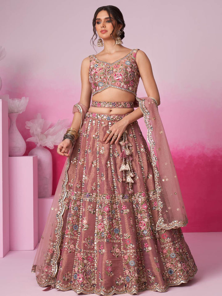 Rose Gold Bridel Net Moti, Sequins embroidery Semi-Stitched Bridel Lehenga choli & Dupatta