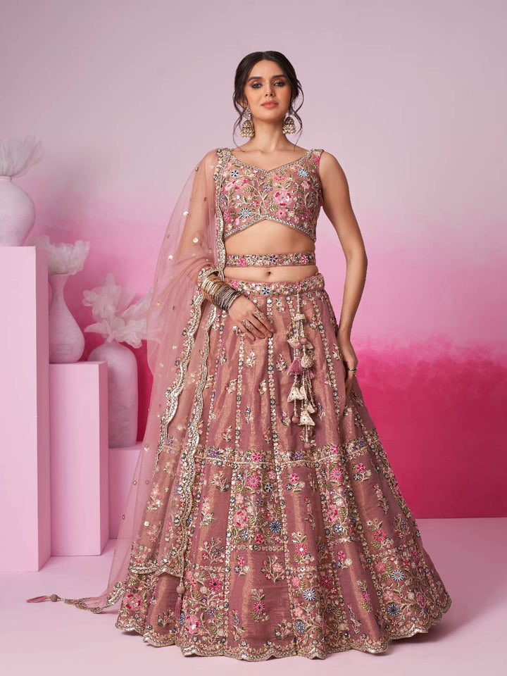 Rose Gold Bridel Net Moti, Sequins embroidery Semi-Stitched Bridel Lehenga choli & Dupatta