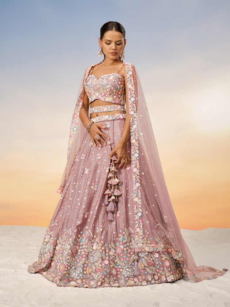 Rose Gold Chiffon Sequins and thread embroidery Semi-Stitched Lehenga choli & Dupatta