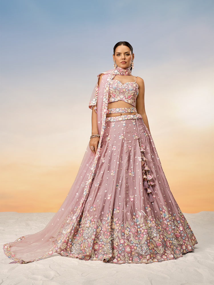 Rose Gold Chiffon Sequins and thread embroidery Semi-Stitched Lehenga choli & Dupatta