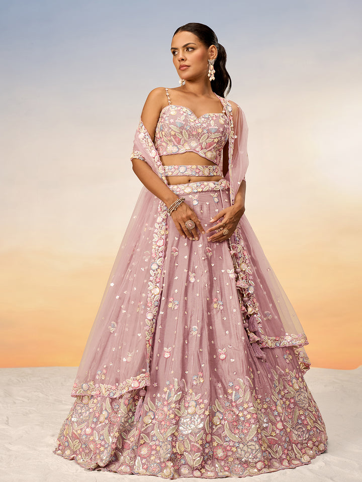 Rose Gold Chiffon Sequins and thread embroidery Semi-Stitched Lehenga choli & Dupatta