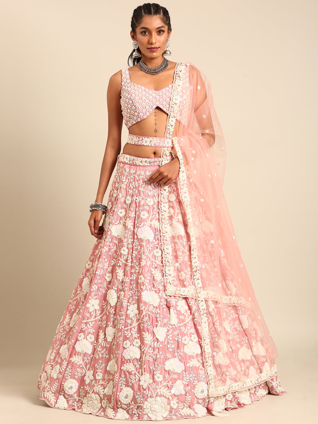 Rose Gold Chinon Sequins and Zarkan embroidery Semi-Stitched Lehenga choli & Dupatta