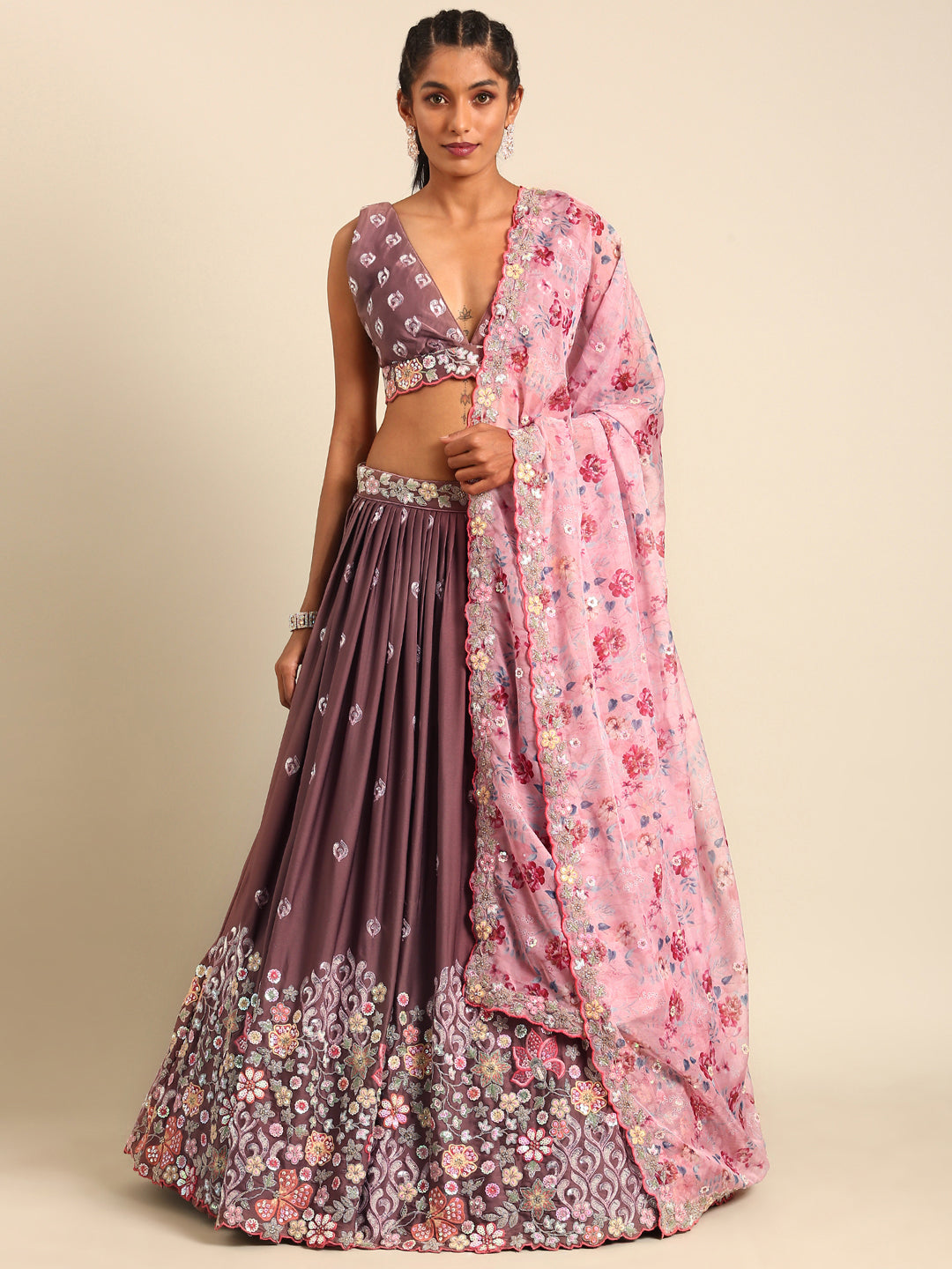 Rose Gold Chinon Sequins embroidery Semi-Stitched Lehenga choli & Dupatta