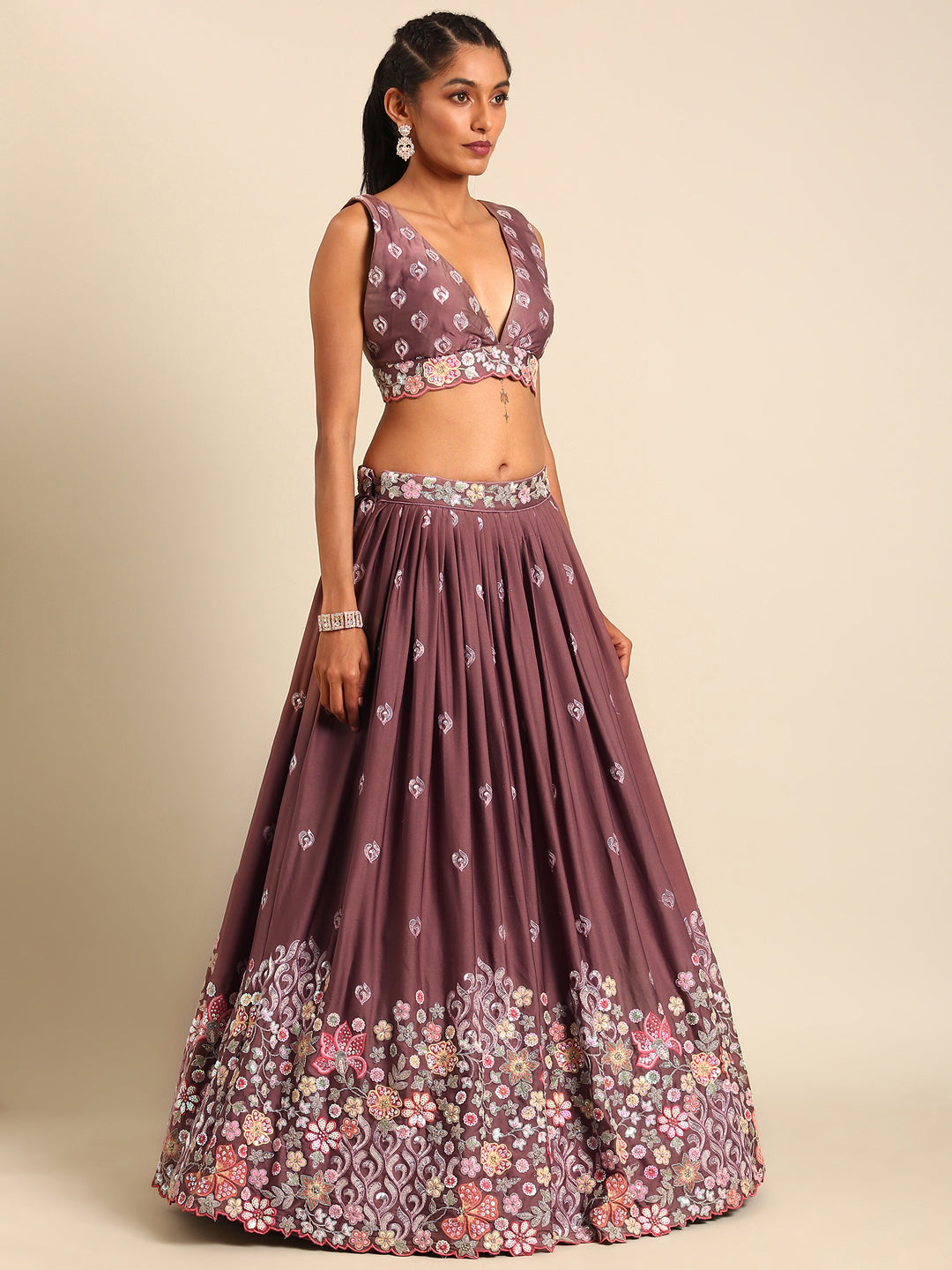 Rose Gold Chinon Sequins embroidery Semi-Stitched Lehenga choli & Dupatta