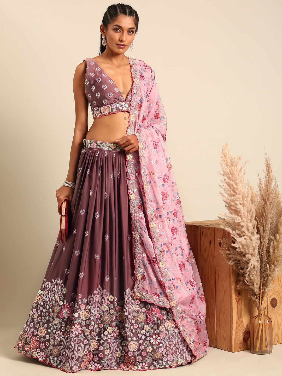 Rose Gold Chinon Sequins embroidery Semi-Stitched Lehenga choli & Dupatta