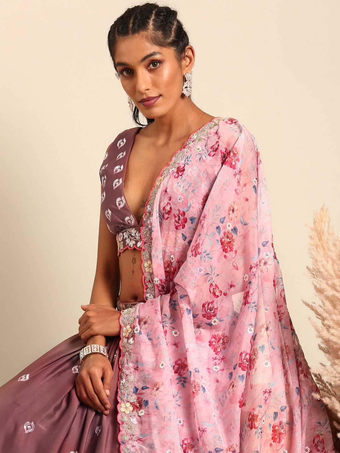 Rose Gold Chinon Sequins embroidery Semi-Stitched Lehenga choli & Dupatta