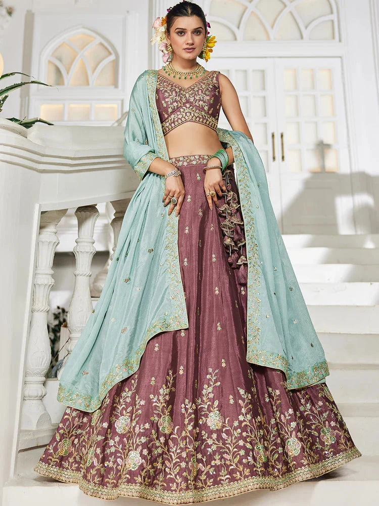 Rose Gold Elegant Chiffon Embroidered Lehenga Set with Dupatta & Blouse