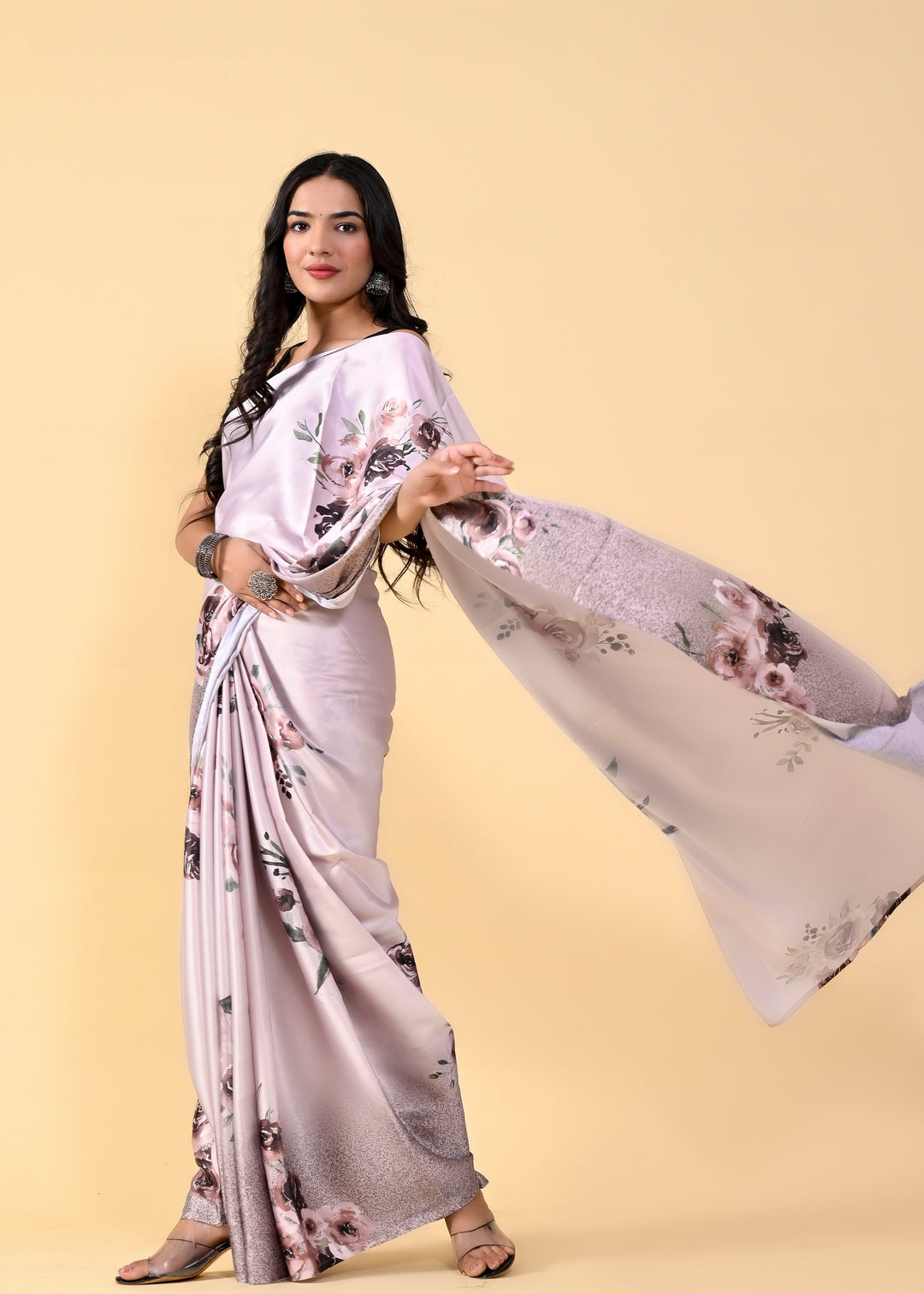 Rose Gold Floral Digital Printed Heavy Satin Silk Saree with Silk Blouse