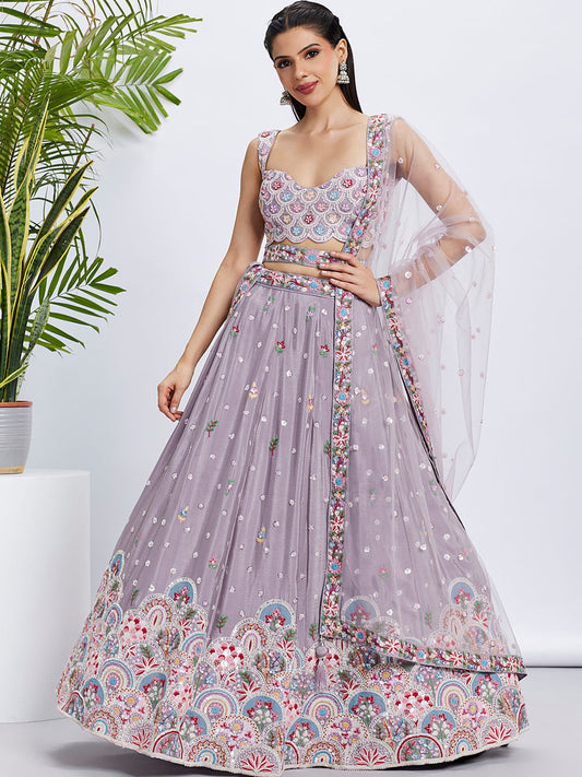 Mauve Organza Sequins, Zarkan and thread embroidery Semi-Stitched Lehenga choli & Dupatta