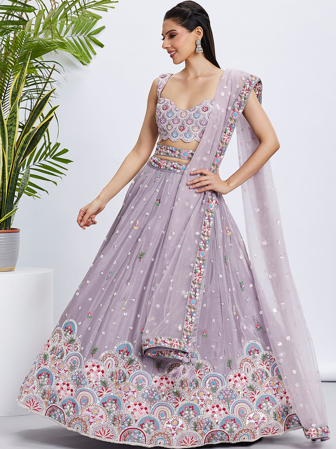 Rose Gold Mauve Chiffon Lehenga Choli Set with Sequins & Thread Embroidery