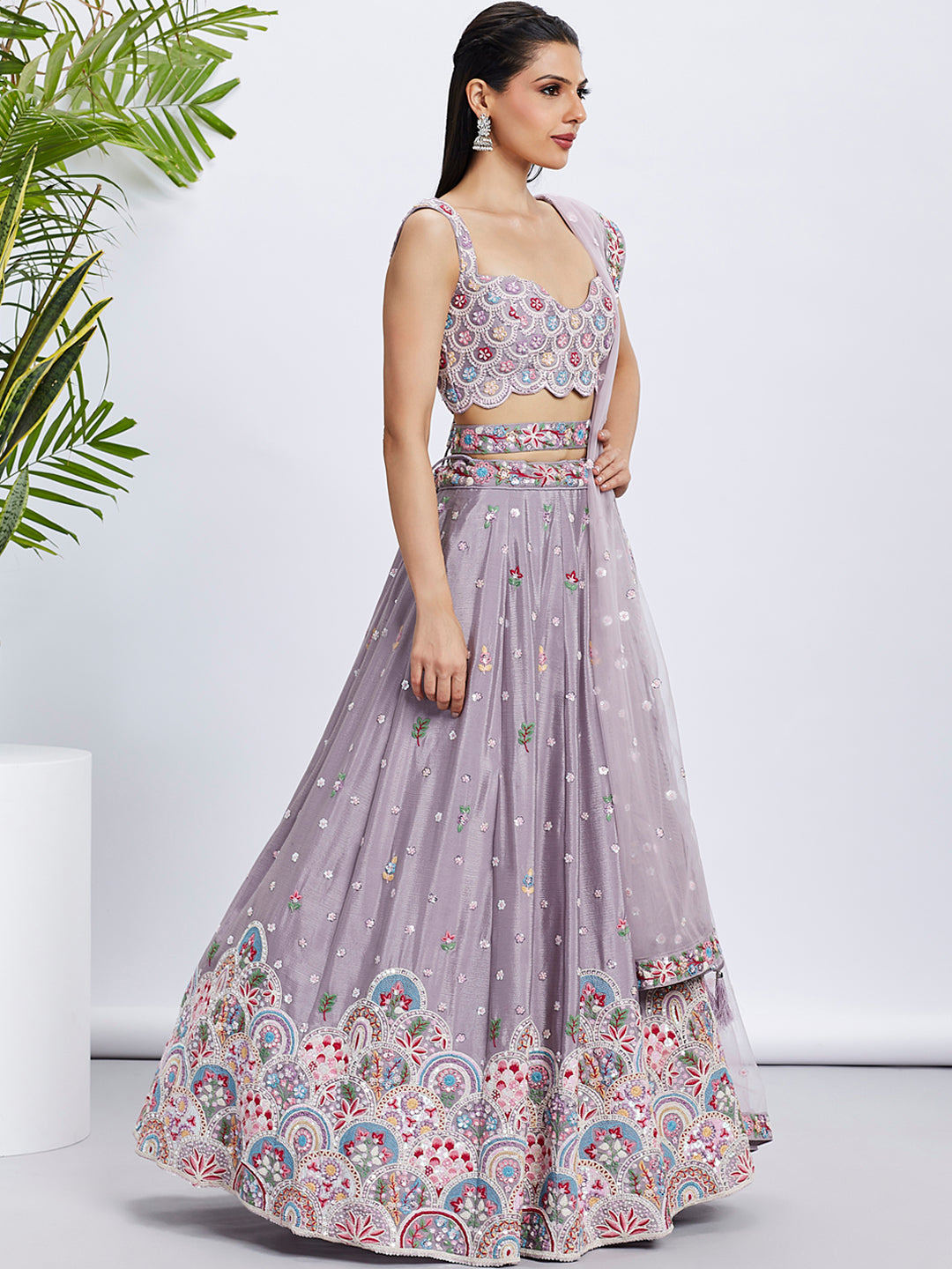 Mauve Organza Sequins, Zarkan and thread embroidery Semi-Stitched Lehenga choli & Dupatta