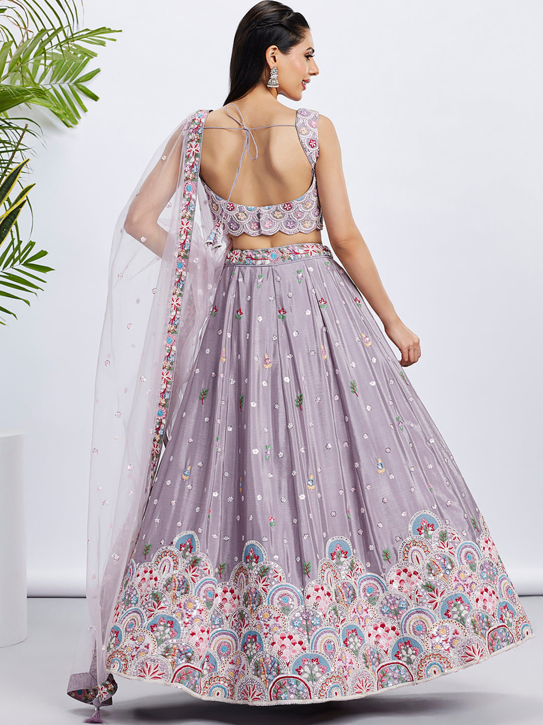 Rose Gold Mauve Chiffon Lehenga Choli Set with Sequins & Thread Embroidery