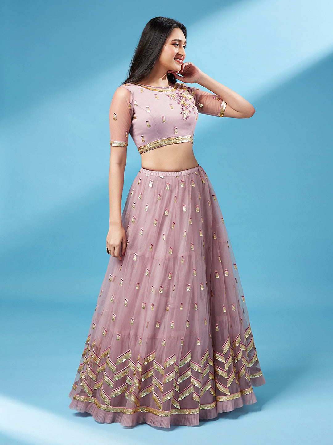 Rose Gold Net Semi Stitched Thread and Sequins work Lehenga Choli