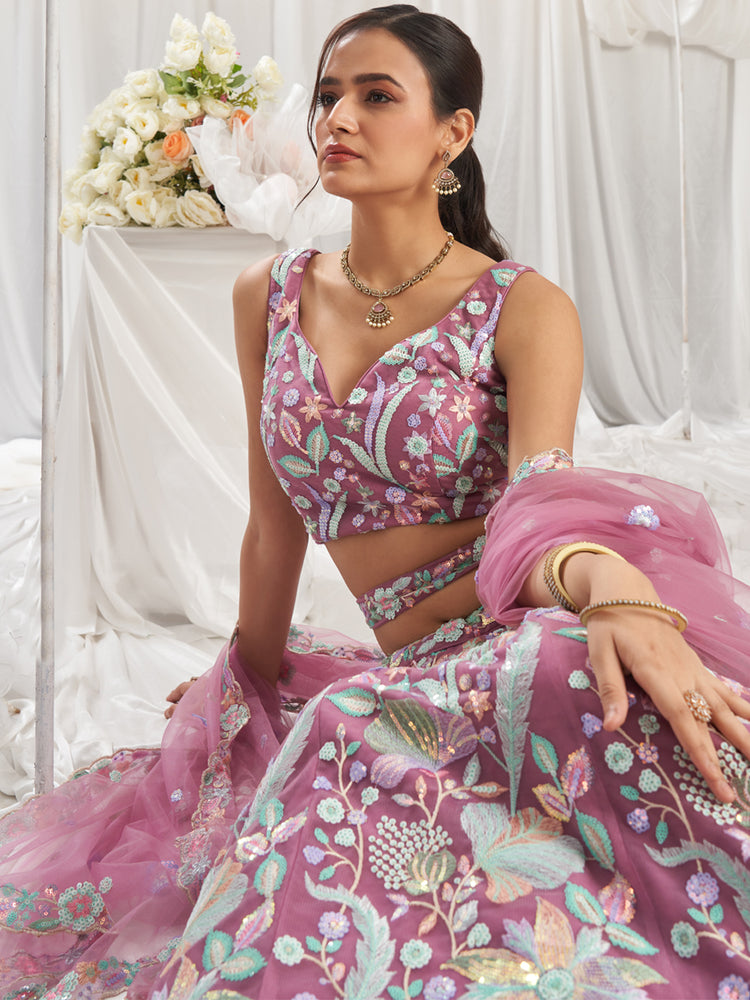 Rose Gold Net Sequins embroidery Semi-Stitched Lehenga choli & Dupatta