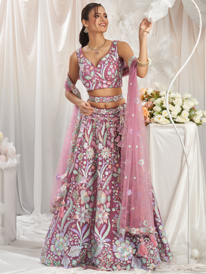 Rose Gold Net Sequins embroidery Semi-Stitched Lehenga choli & Dupatta