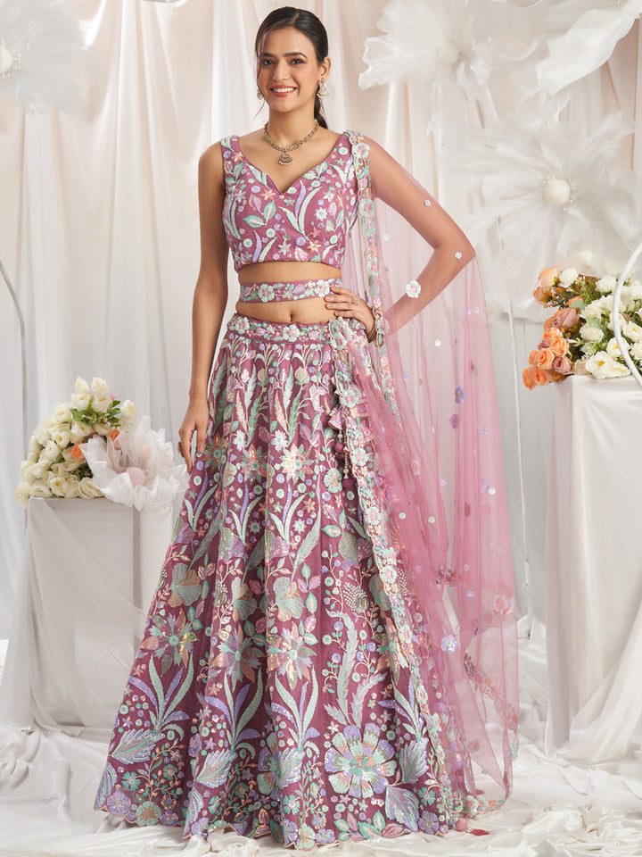 Rose Gold Net Sequins embroidery Semi-Stitched Lehenga choli & Dupatta